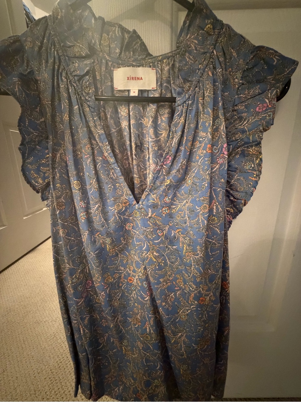 XiRENA Blue Floral V-Neck Dress with Gold and Pink Accents
